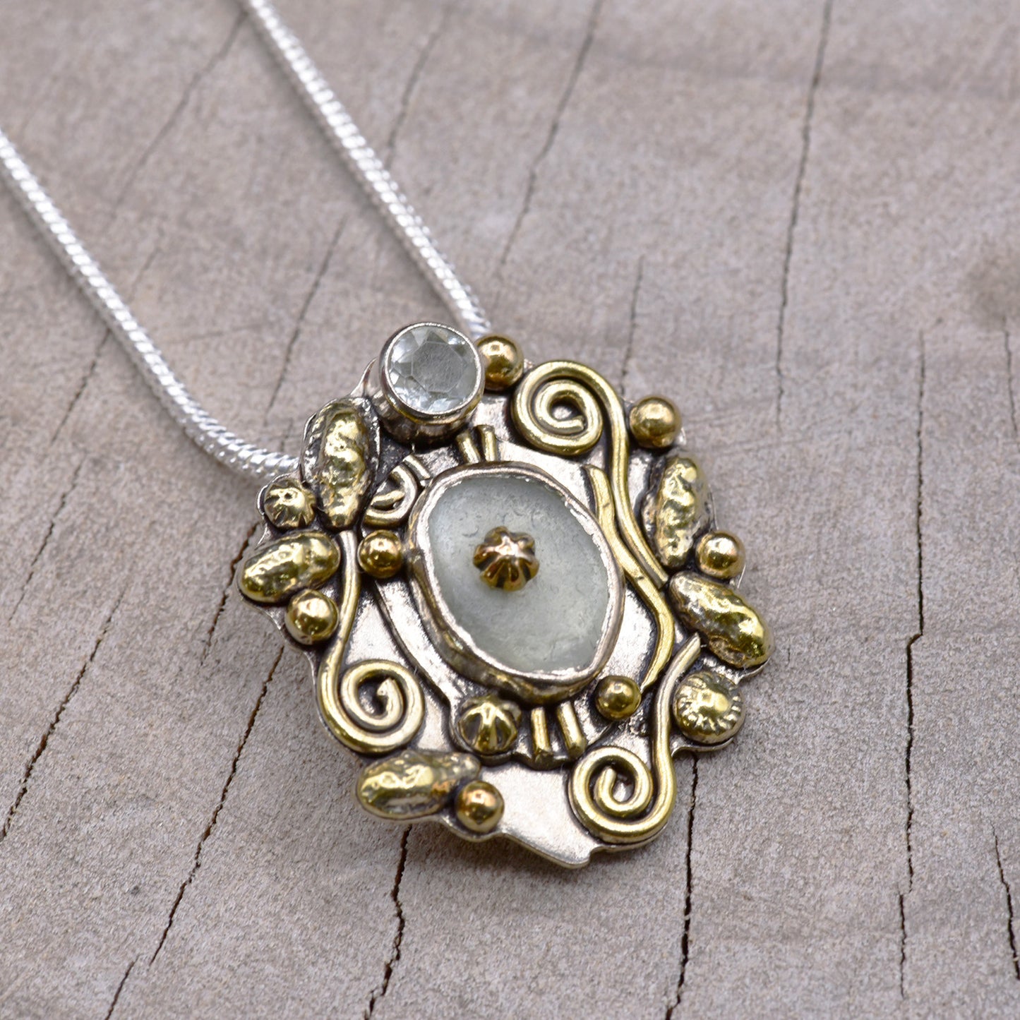 Studded sea glass necklace in a handmade setting of sterling silver (N698)