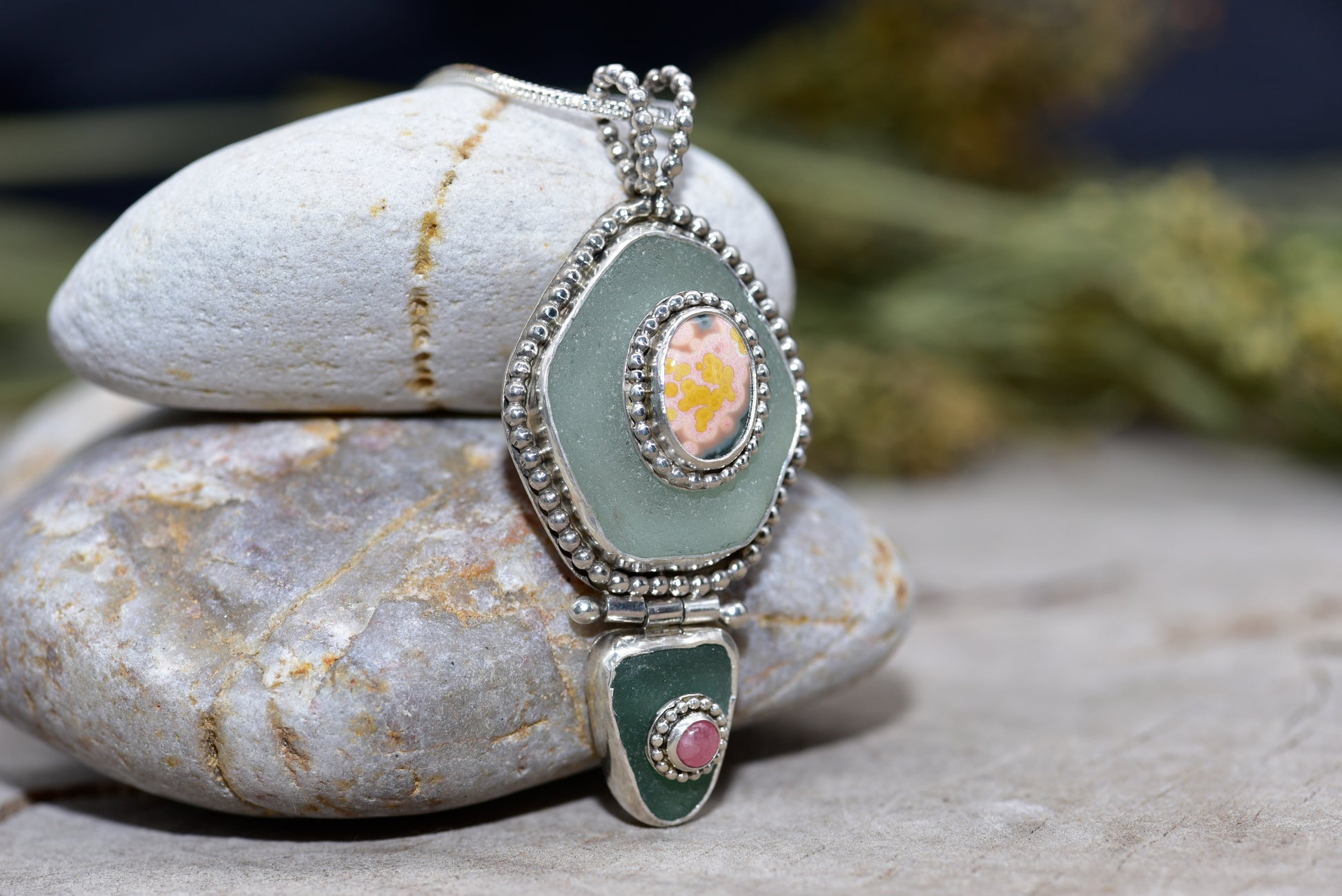 Sea glass and gemstone pendant necklace