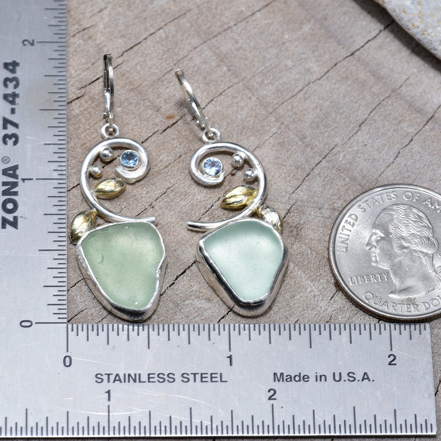 Sea glass earrings in hand crafted settings of sterling silver accented with sparkly cubic zirconias (E838)