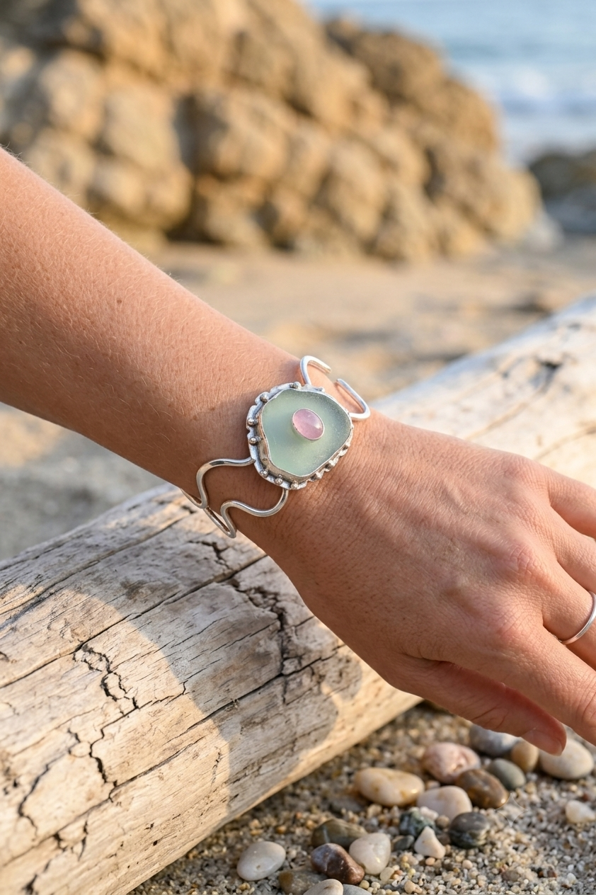 Close up of woman's wrist wearing sea glass bracelet