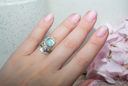 Fused dichroic glass ring in hand crafted settings of sterling silver (R870)