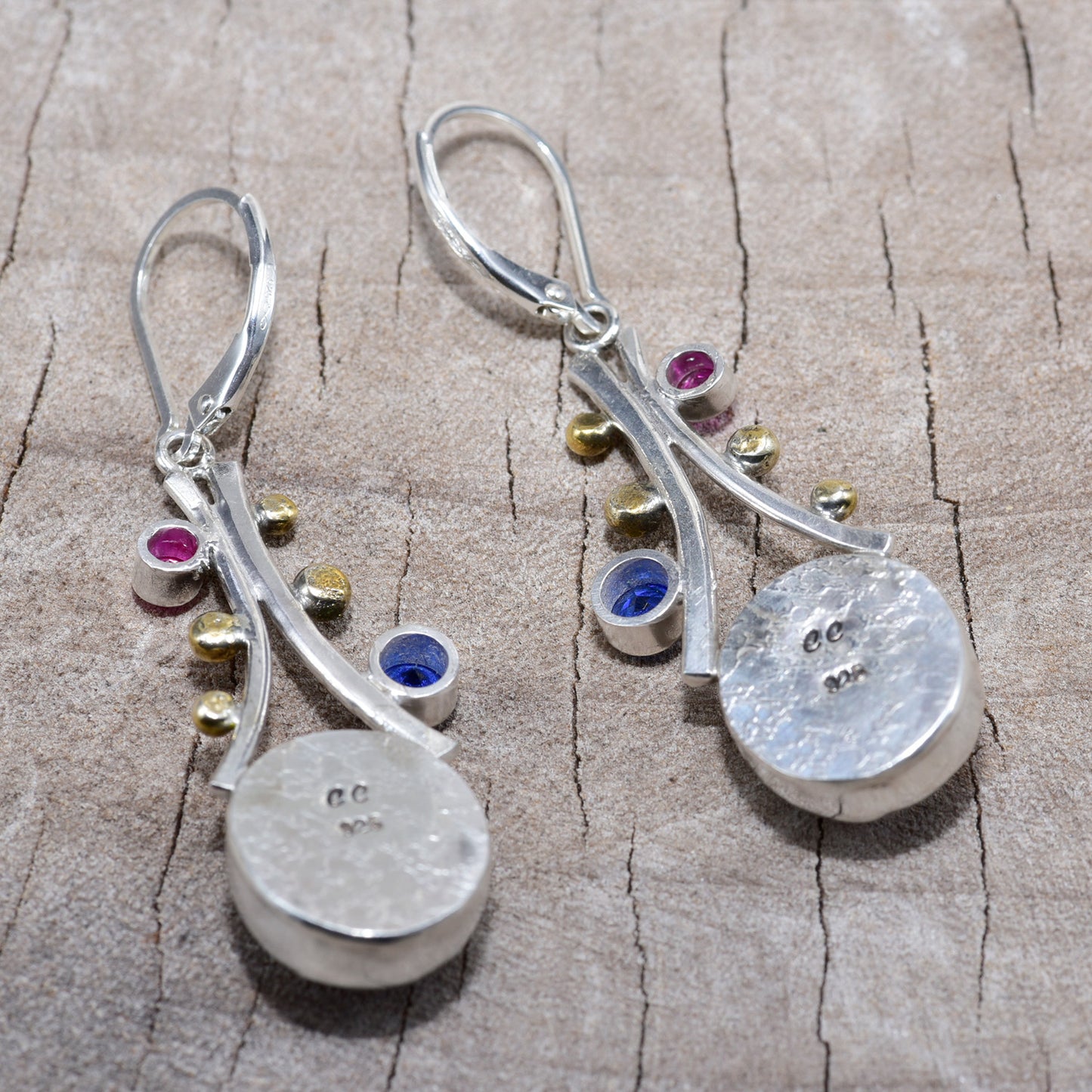 Fused dichroic glass earrings in hand crafted settings of sterling silver accented with 18K gold (E871)