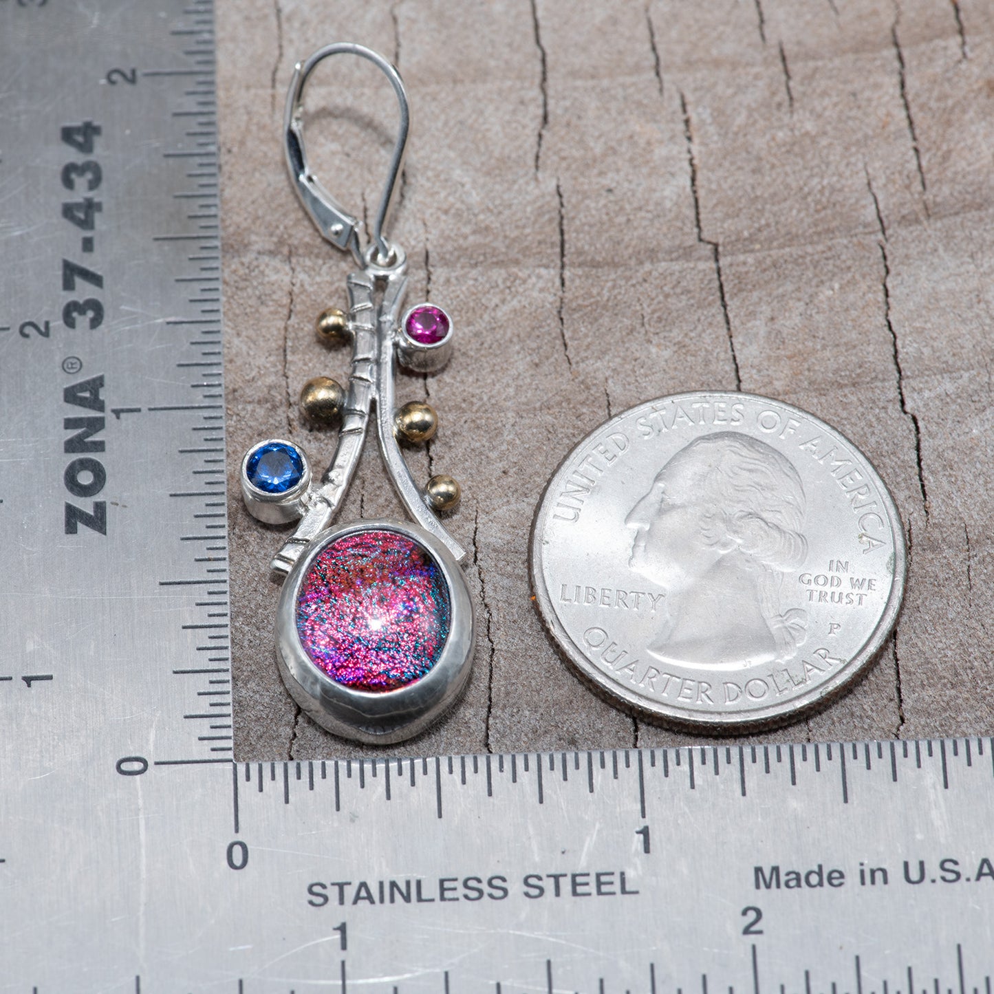 Fused dichroic glass earrings in hand crafted settings of sterling silver accented with 18K gold (E871)