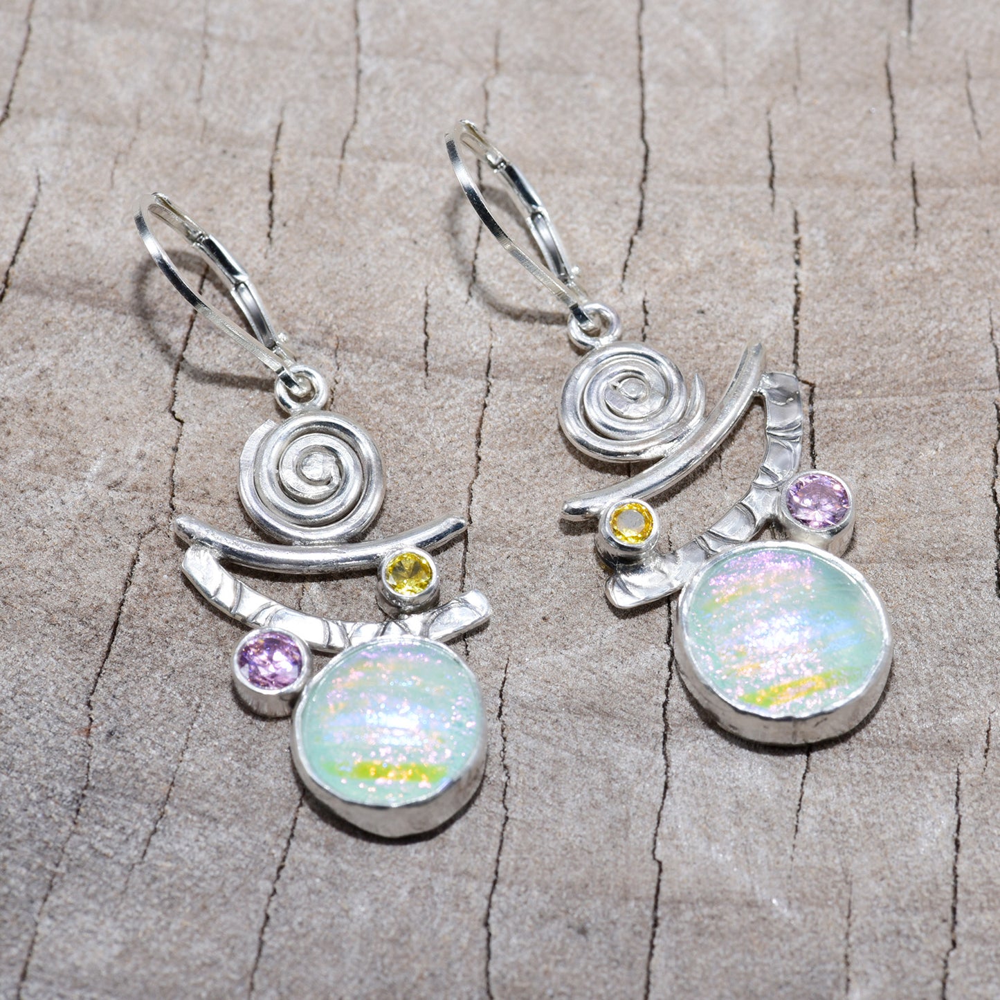 Fused dichroic glass earrings in hand crafted settings of sterling silver (E872)
