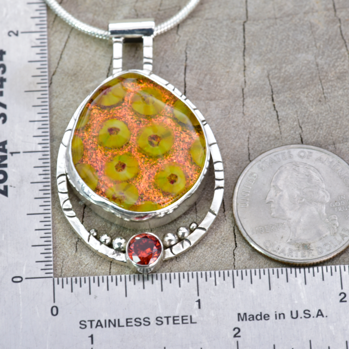 Artisan Orange & Yellow Murrini Dichroic Glass Pendant Necklace | Hand-Stamped Oxidized Sterling Silver | Deep Amber Cubic Zirconia
