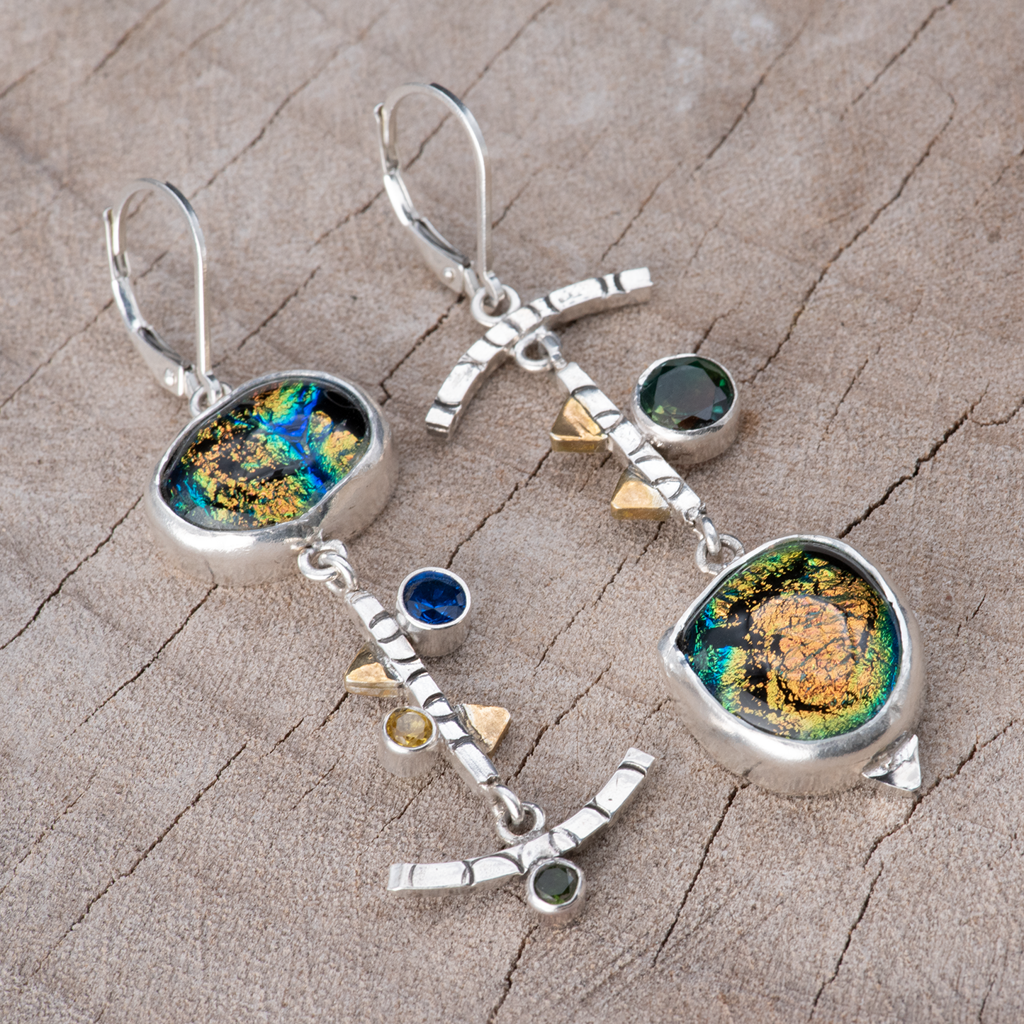 Fused dichroic glass earrings in hand crafted settings of sterling silver (E882)