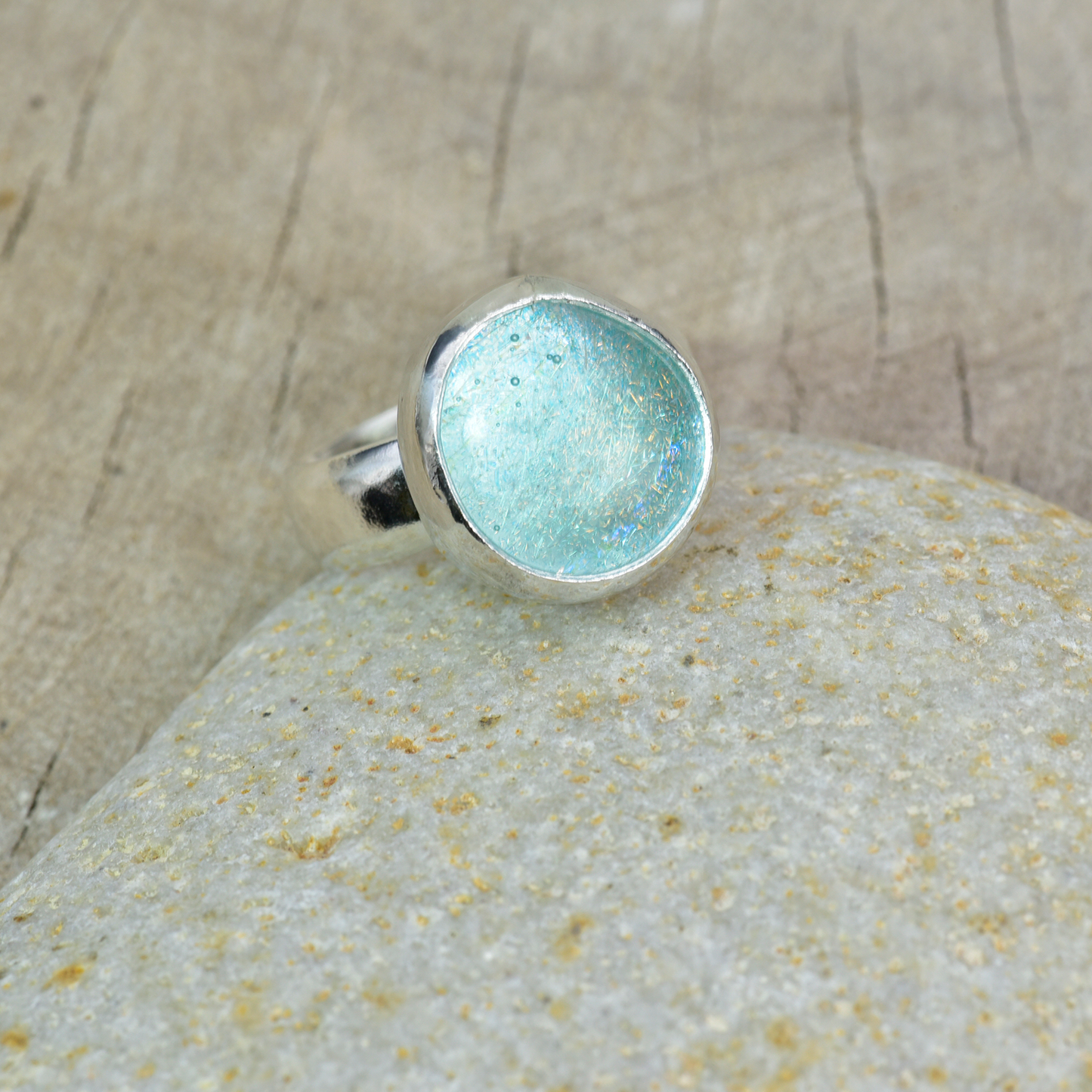 Artisan Ice Blue Dichroic Glass Cocktail Ring | Polished Sterling Silver | Size 7