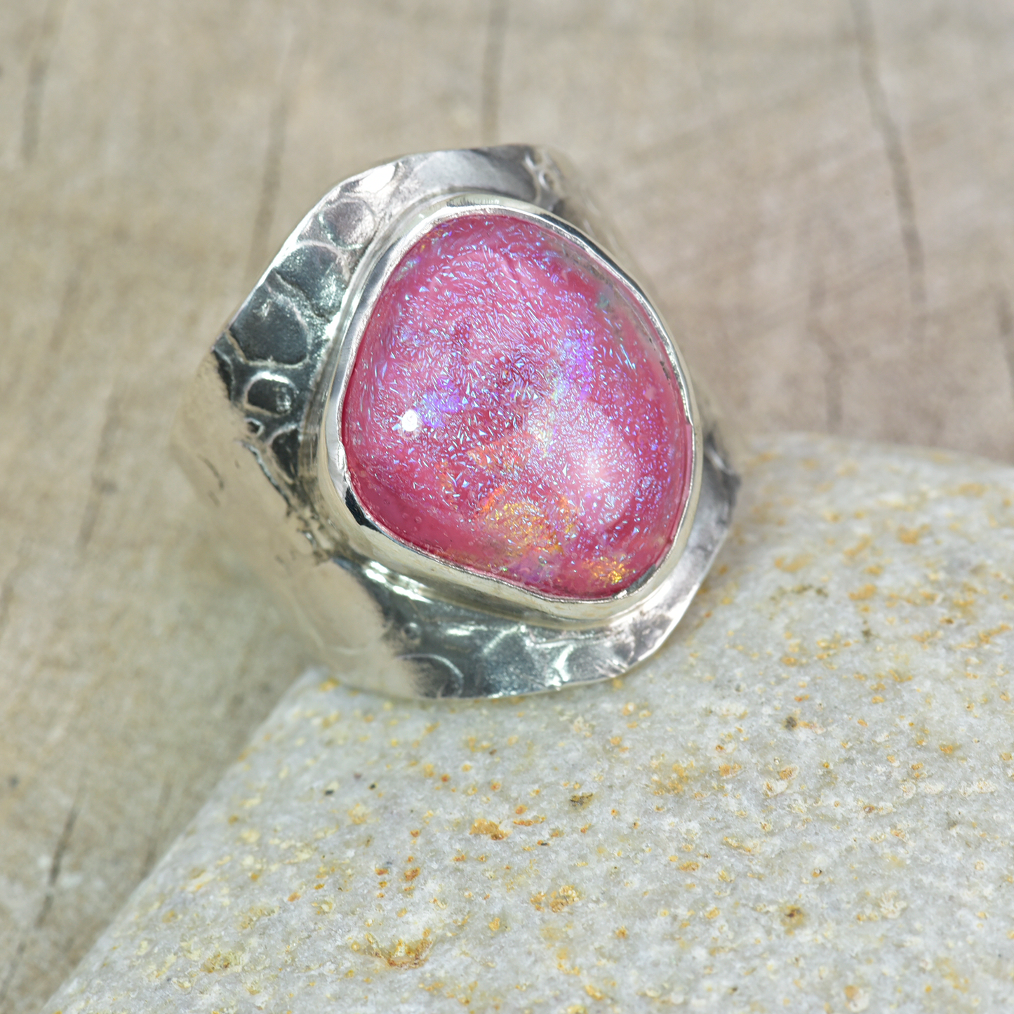 Artisan Rose Pink Dichroic Glass Cocktail Ring | Wide Band Textured Sterling Silver | Size 8.5