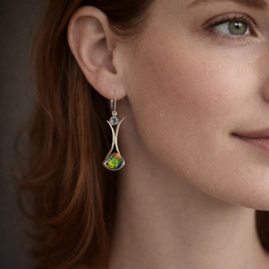 Artisan Gold & Chartreuse Dichroic Glass Long Dangle Earrings | Handcrafted Sterling Silver | Blue Topaz Cubic Zirconia