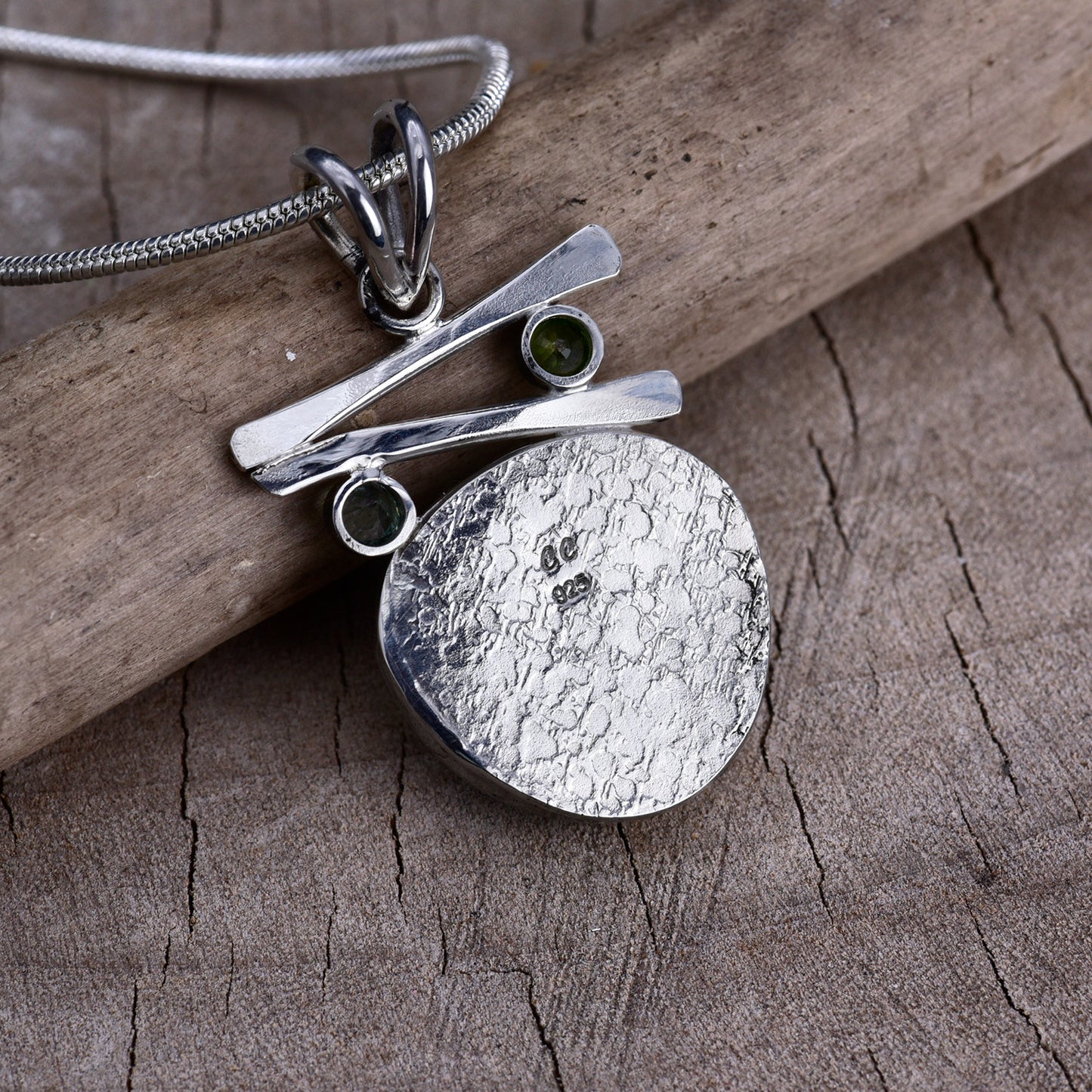 Fused dichroic glass necklace in hand crafted setting of sterling silver (N913)