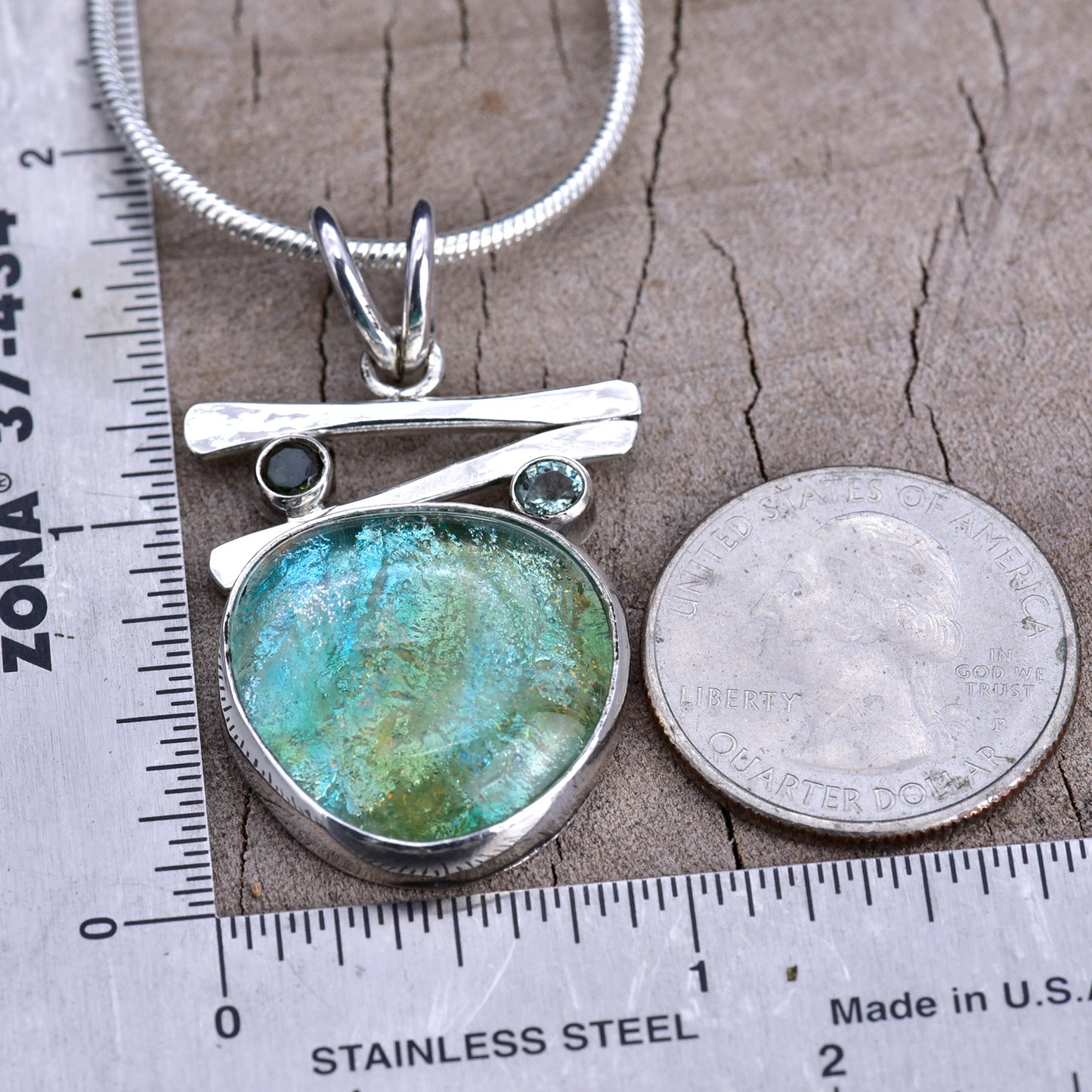 Fused dichroic glass necklace in hand crafted setting of sterling silver (N913)