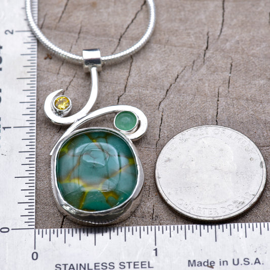 Artisan Turquoise & Yellow Fused Glass Pendant Necklace | Double Scroll Sterling Silver | Citrine Cubic Zirconia & Genuine Green Aventurine