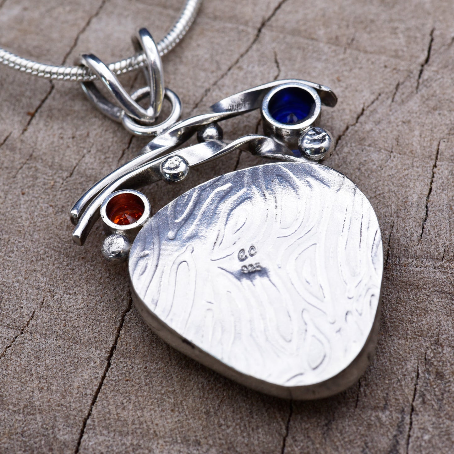 Artisan Green & Gold Dichroic Glass Pendant Necklace | Sculptural Sterling Silver | Sapphire Blue & Orange Cubic Zirconia | 14K Gold-Plated Accents
