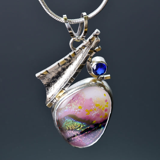 Artistic fused dichroic glass necklace in a hand crafted setting of sterling silver accented with gold (N928)
