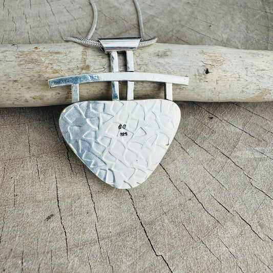 Artistic fused dichroic glass necklace in a hand crafted setting of sterling silver accented with gold (N930)