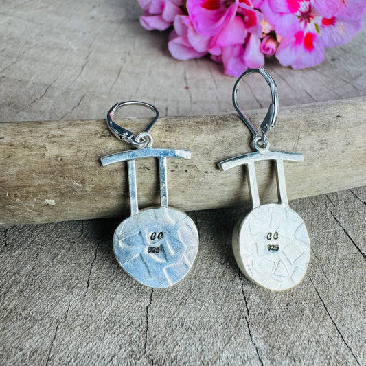 Artistic fused dichroic glass earrings in hand crafted settings of sterling silver accented with gold (E931)