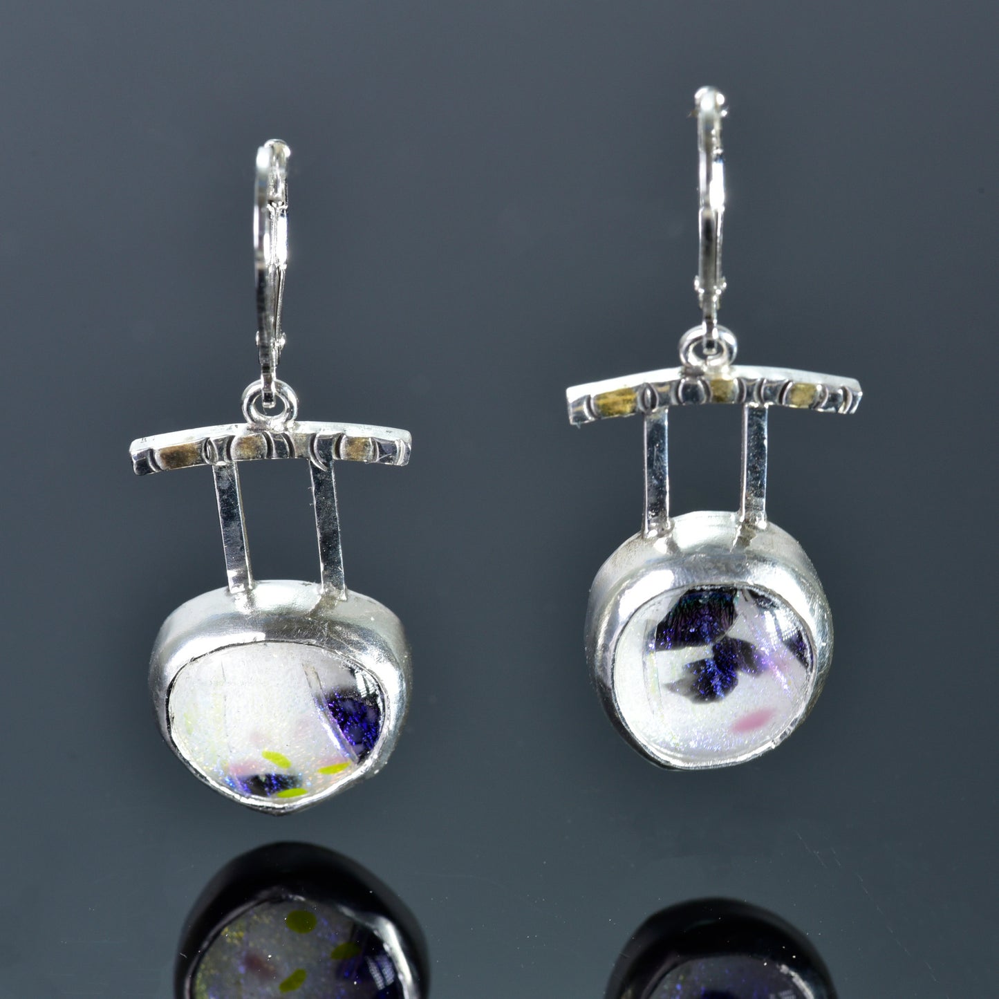 Artistic fused dichroic glass earrings in hand crafted settings of sterling silver accented with gold (E931)