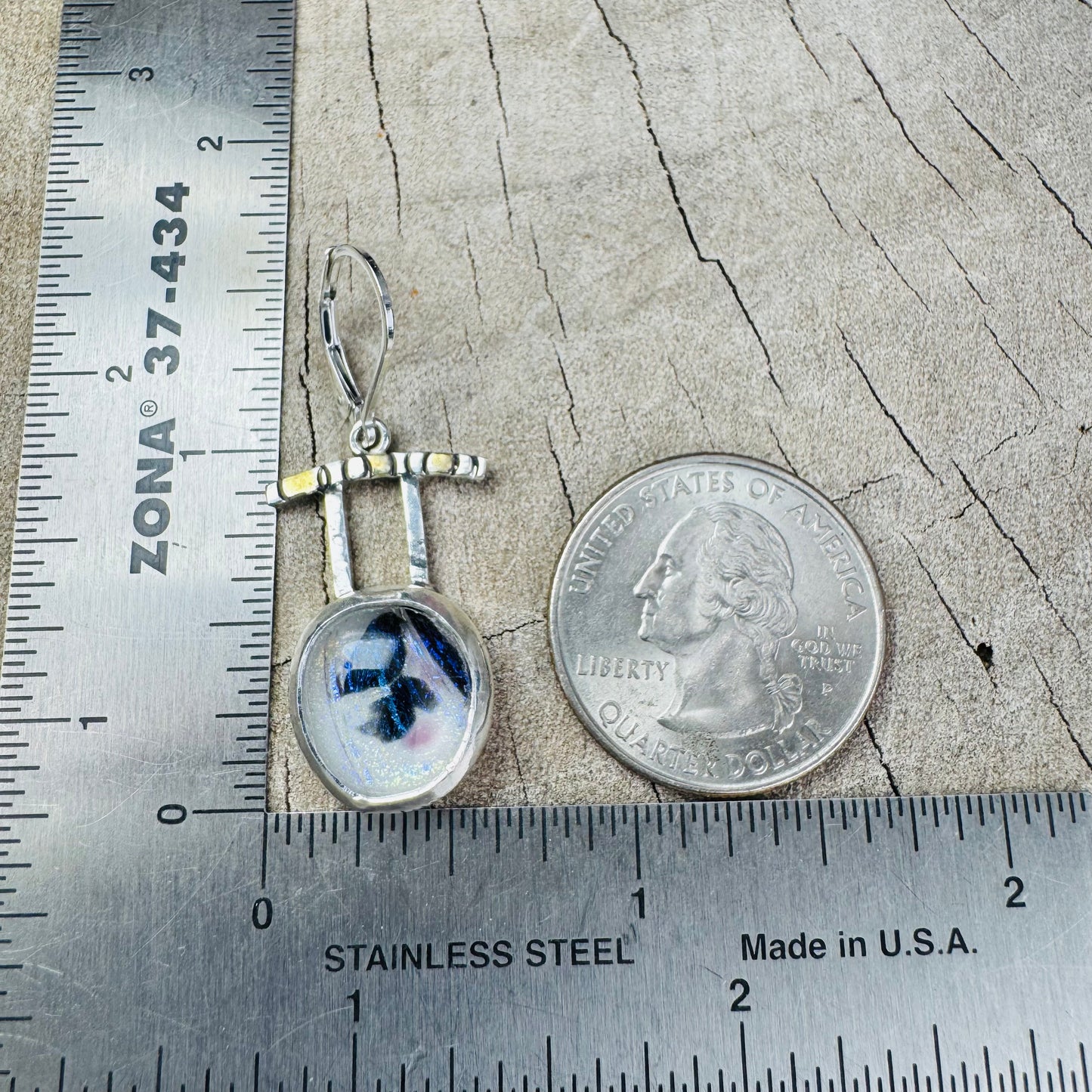 Artistic fused dichroic glass earrings in hand crafted settings of sterling silver accented with gold (E931)