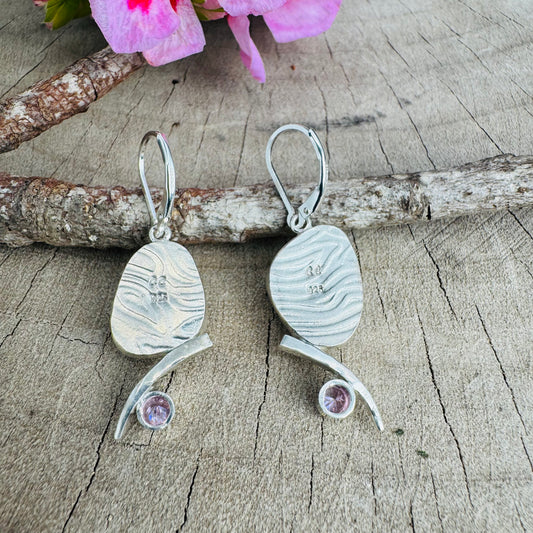 Artistic fused dichroic glass earrings in hand crafted settings of sterling silver accented with gold (E932)