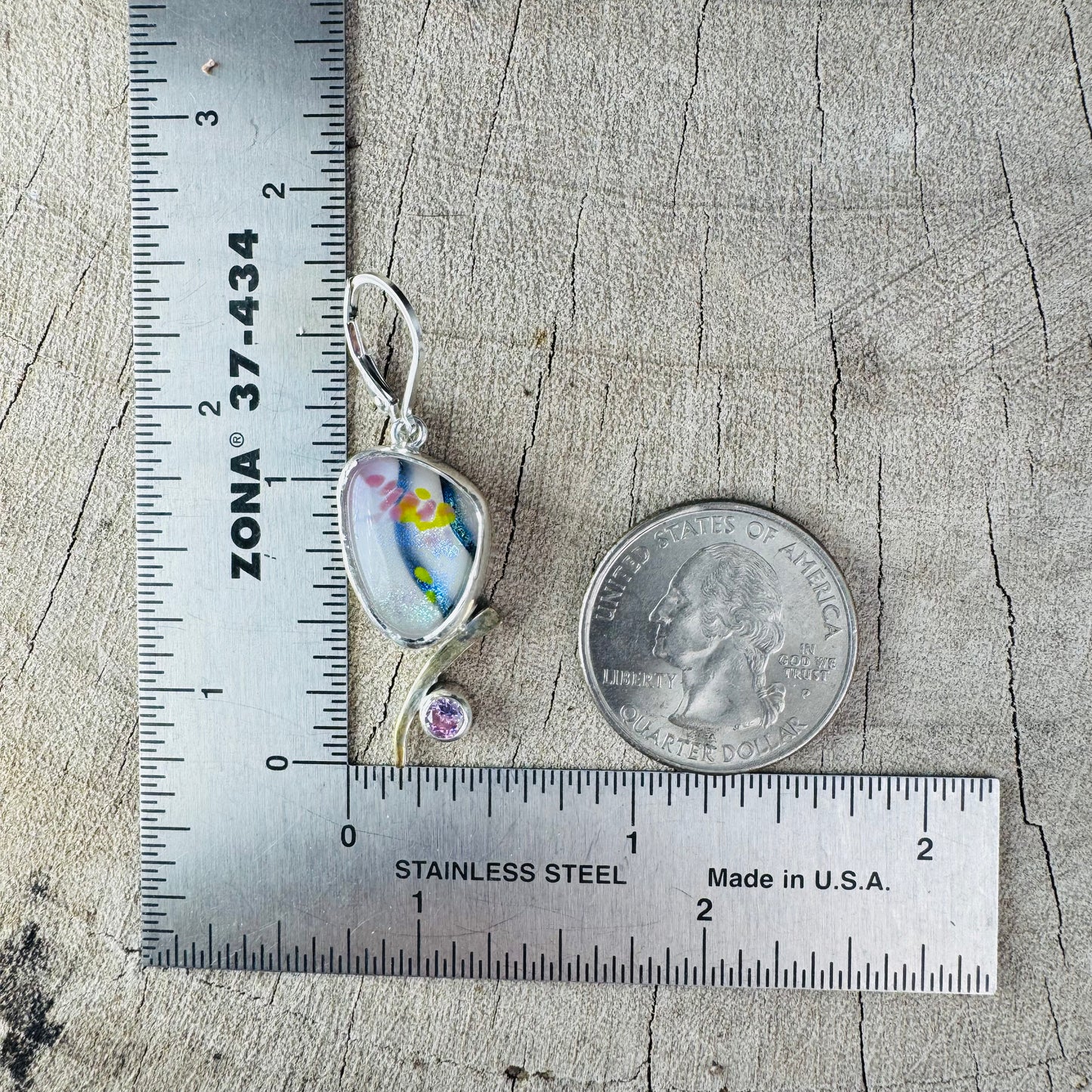 Artistic fused dichroic glass earrings in hand crafted settings of sterling silver accented with gold (E932)
