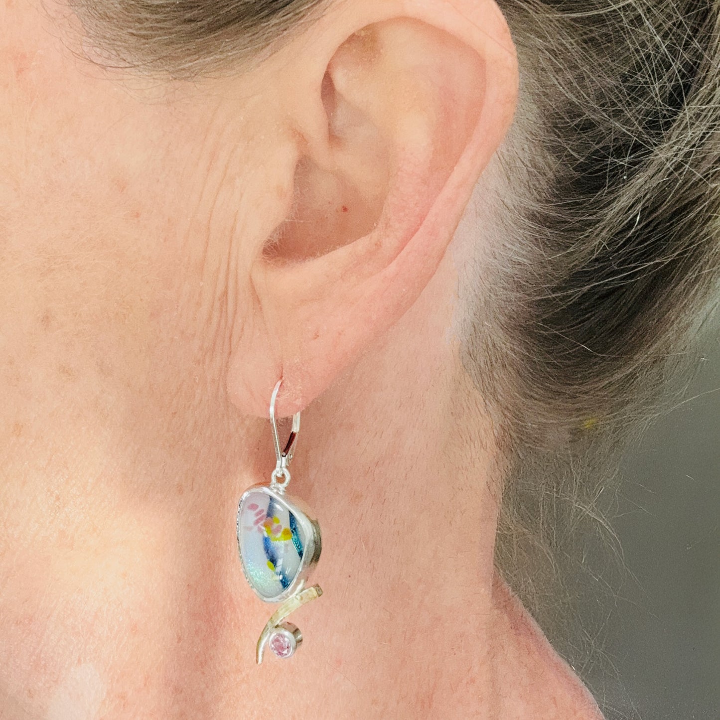 Artistic fused dichroic glass earrings in hand crafted settings of sterling silver accented with gold (E932)