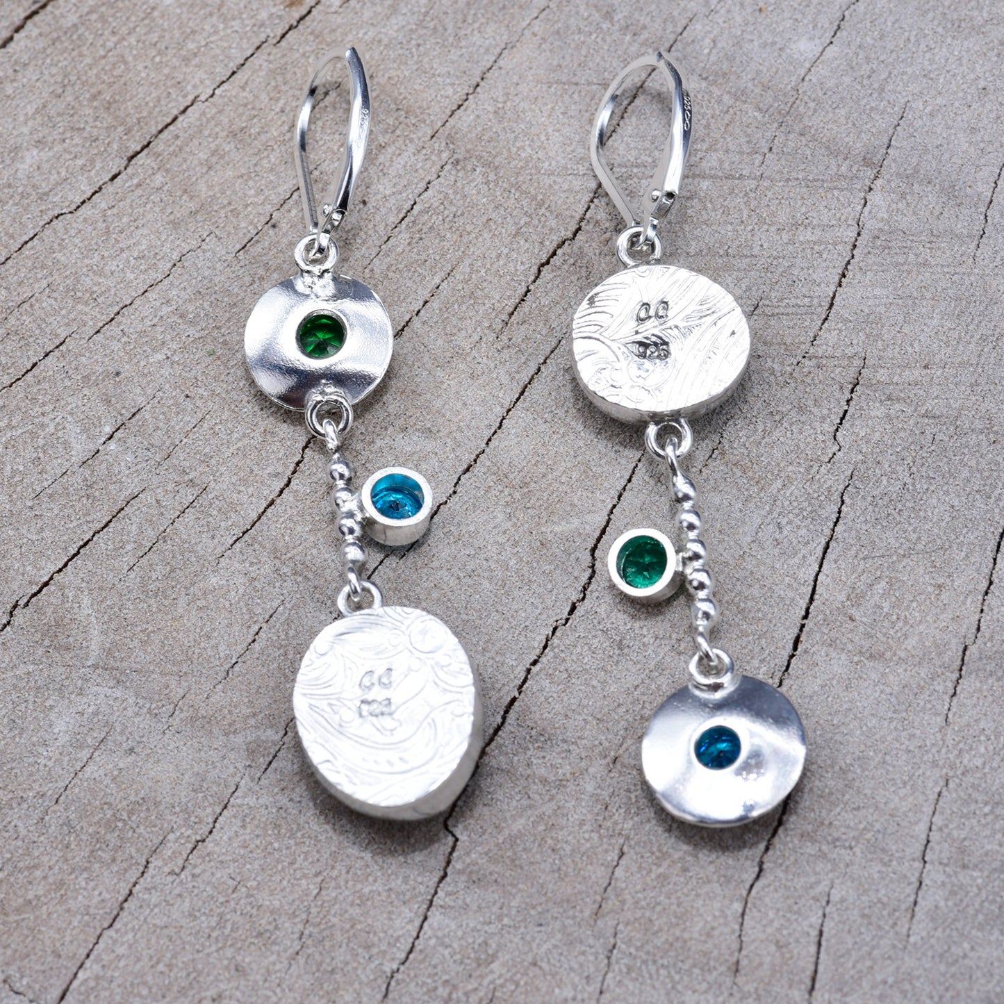 Artistic asymmetric fused dichroic glass earrings in hand crafted settings of sterling silver (E935)