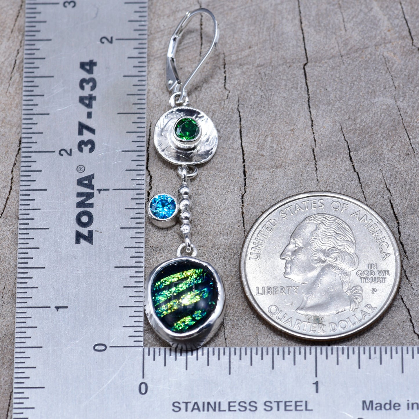 Artistic asymmetric fused dichroic glass earrings in hand crafted settings of sterling silver (E935)