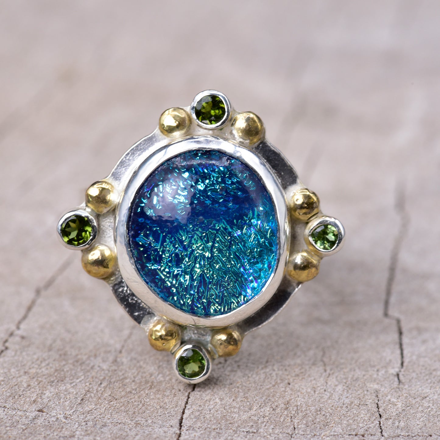 Fused dichroic glass ring in a handcrafted setting of sterling silver (R939)