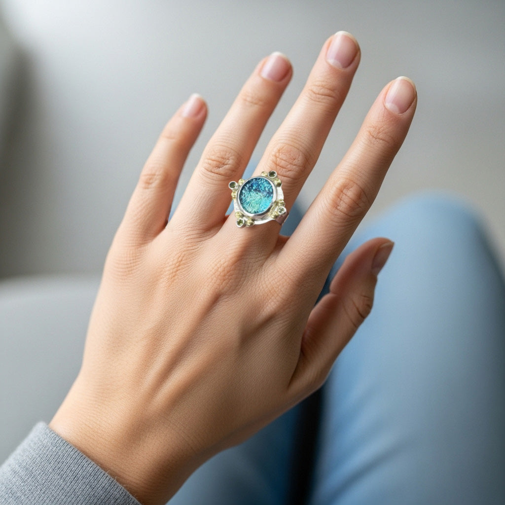 Fused dichroic glass ring in a handcrafted setting of sterling silver (R939)