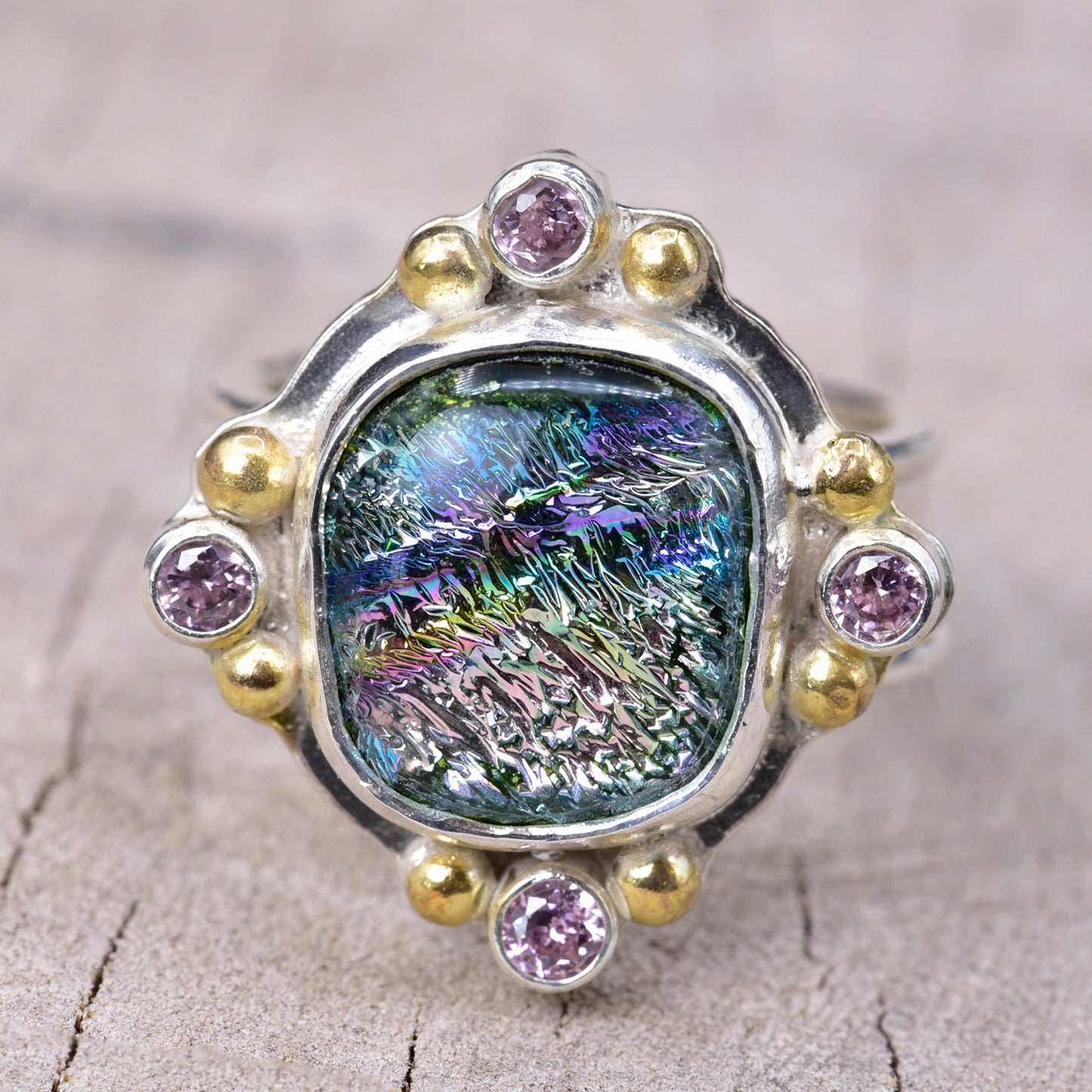 Fused dichroic glass ring in a handcrafted setting of sterling silver (R940)
