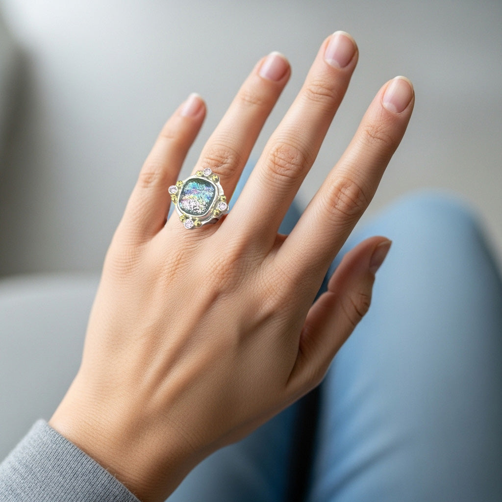 Fused dichroic glass ring in a handcrafted setting of sterling silver (R940)
