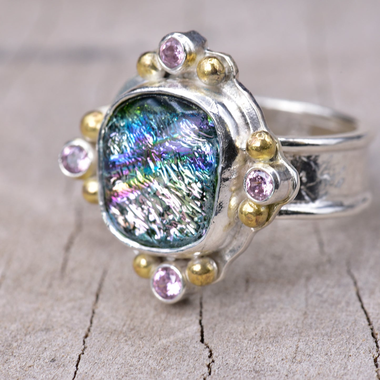 Fused dichroic glass ring in a handcrafted setting of sterling silver (R940)