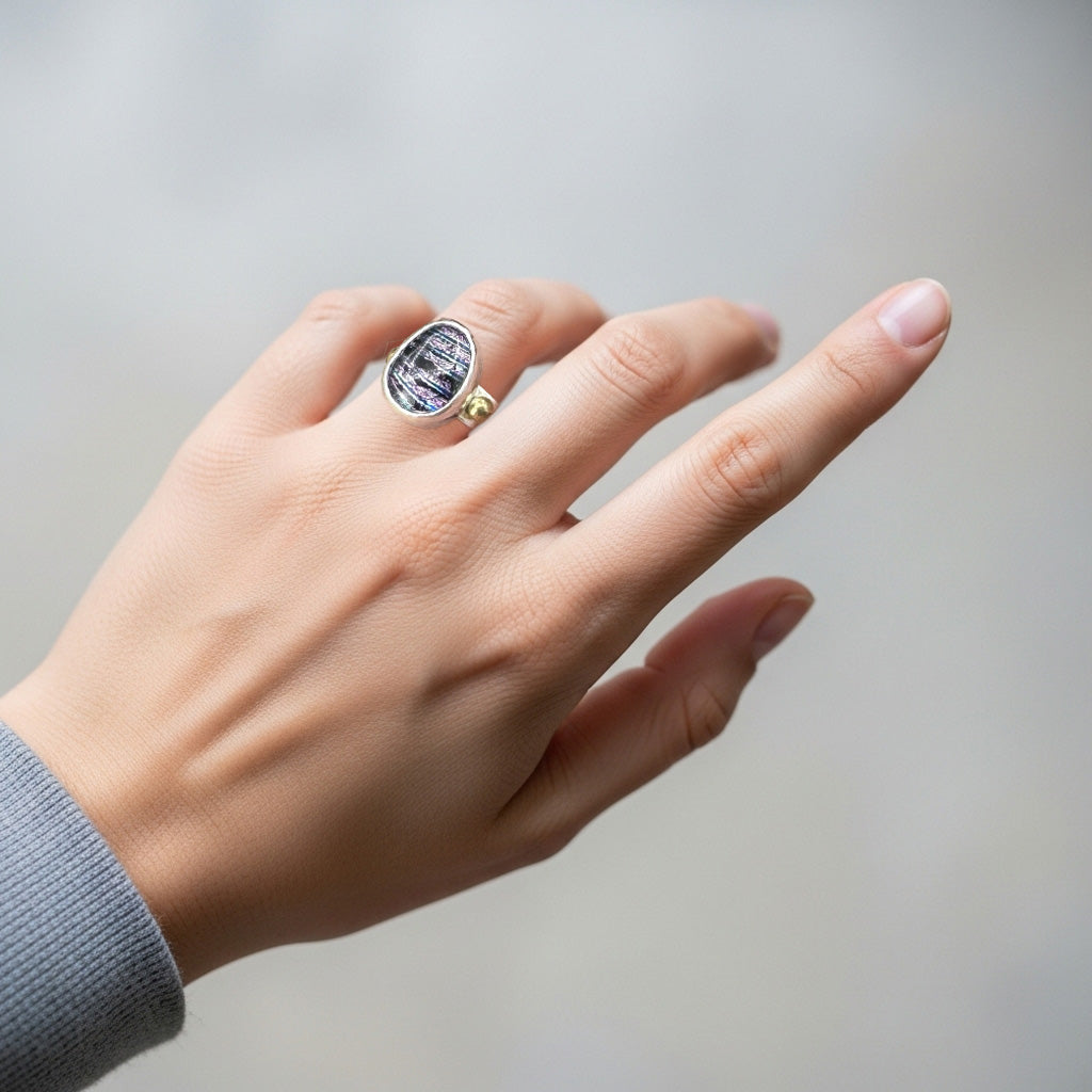 Fused dichroic glass ring in a handcrafted setting of sterling silver (R941)