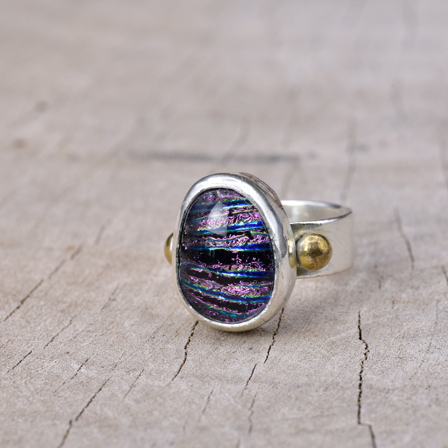 Fused dichroic glass ring in a handcrafted setting of sterling silver (R941)