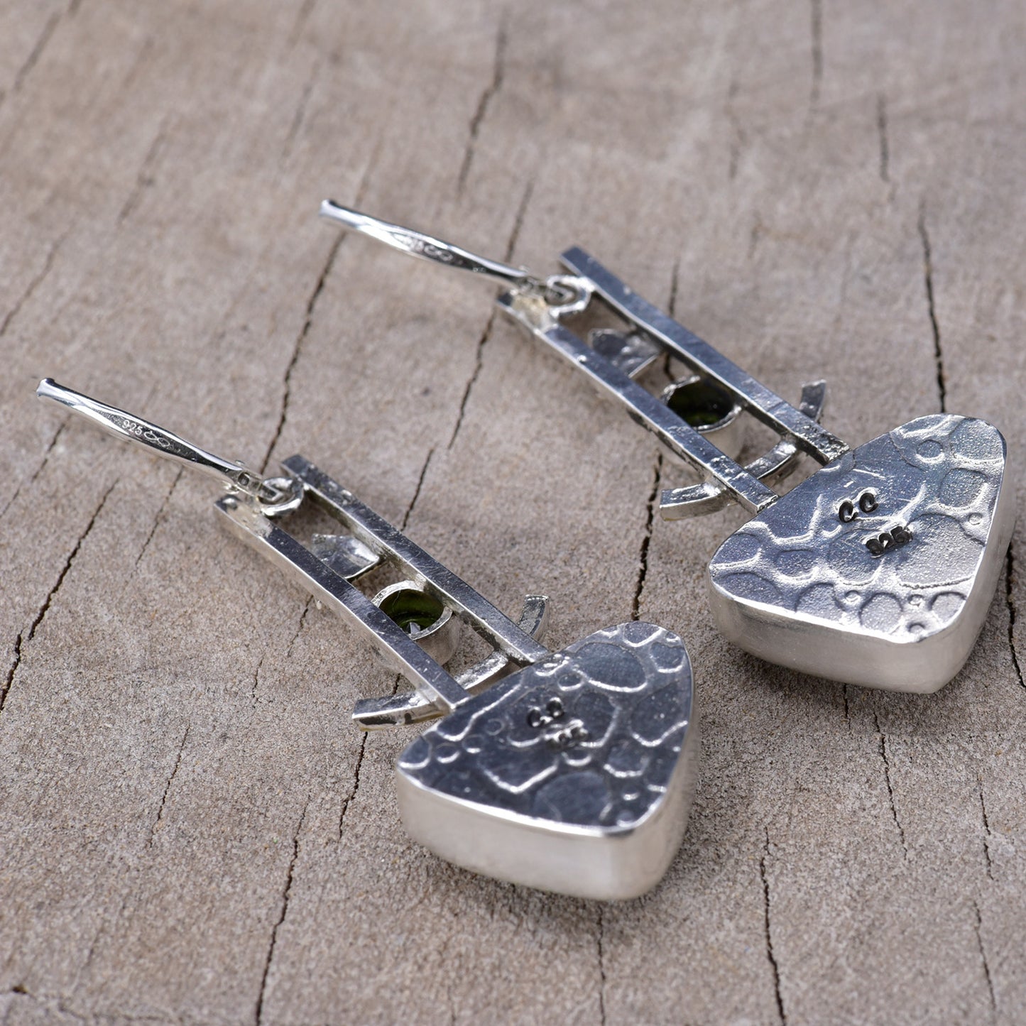 Artistic fused dichroic glass earrings in hand crafted settings of sterling silver accented with gold (E942)