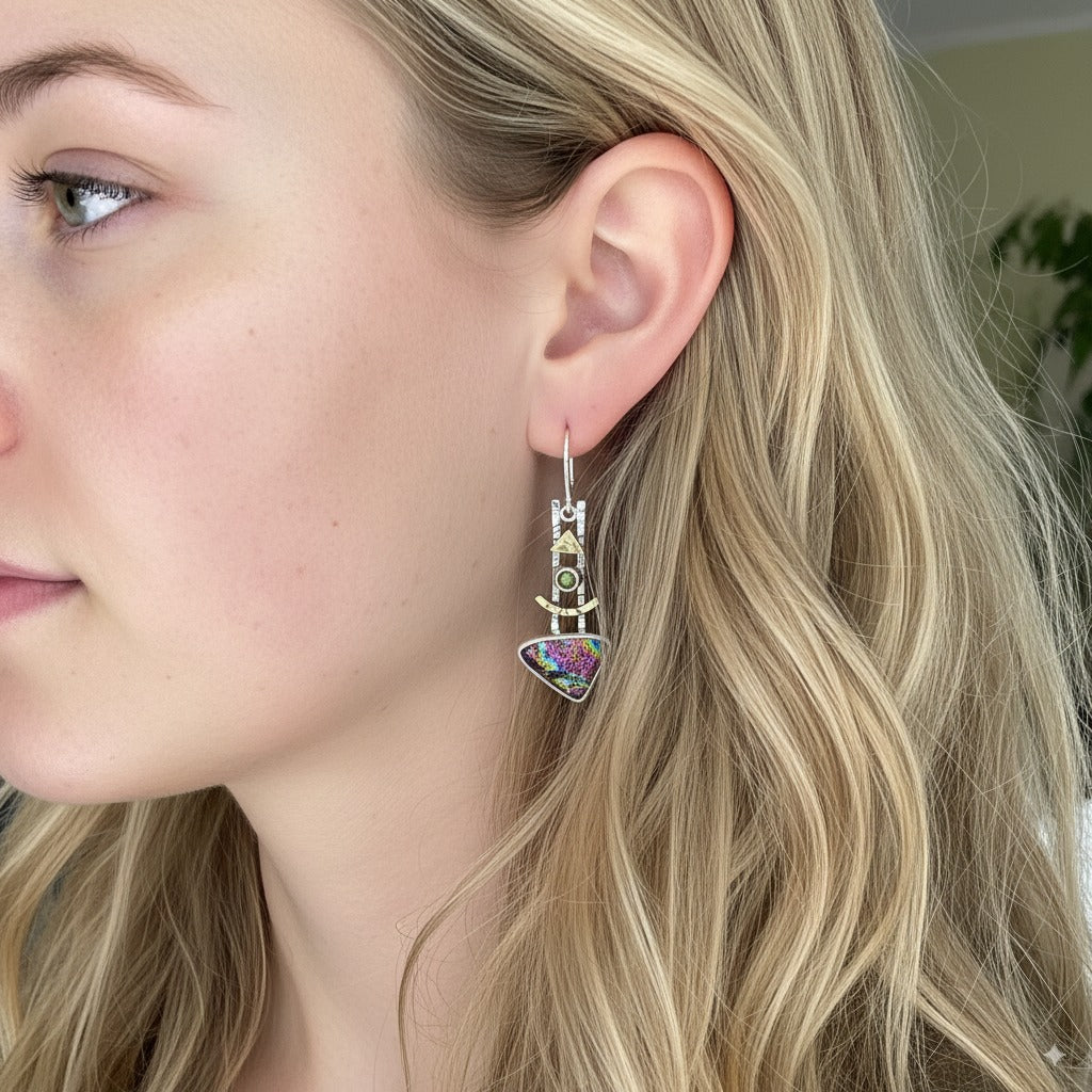 Artistic fused dichroic glass earrings in hand crafted settings of sterling silver accented with gold (E942)