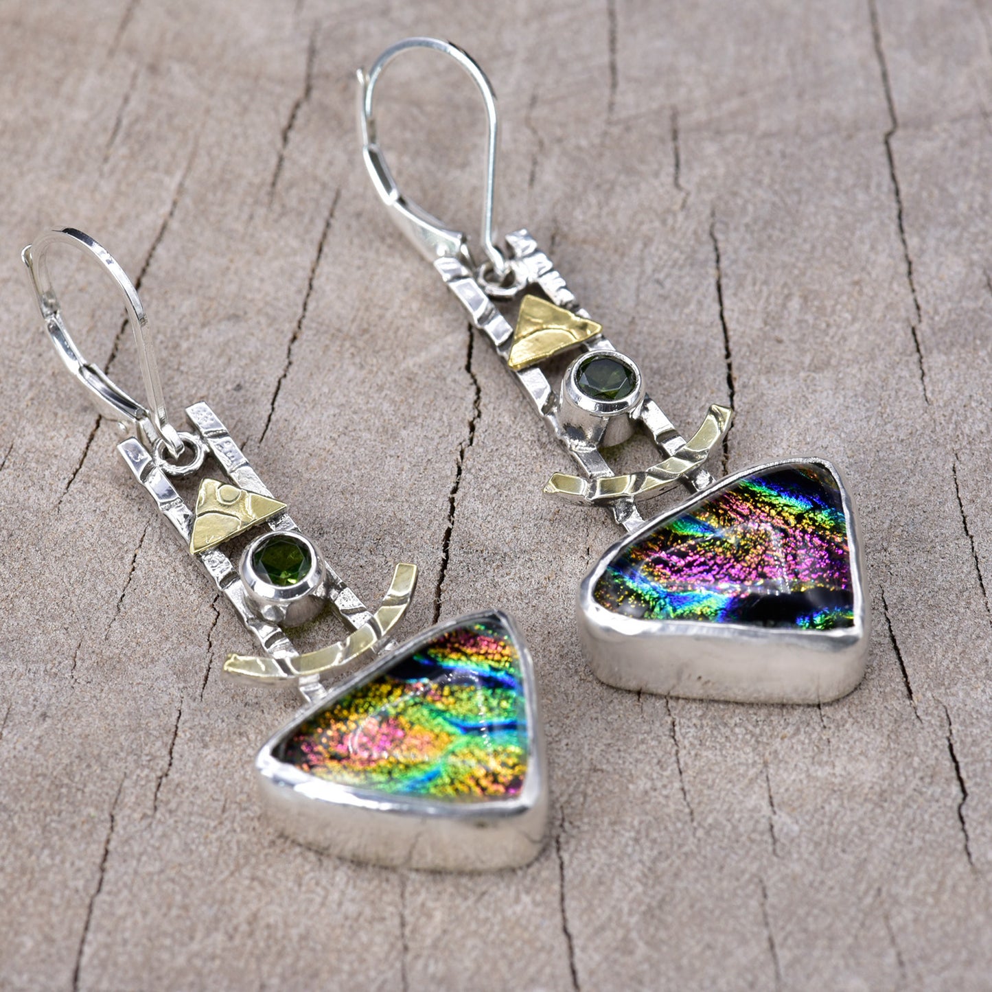 Artistic fused dichroic glass earrings in hand crafted settings of sterling silver accented with gold (E942)