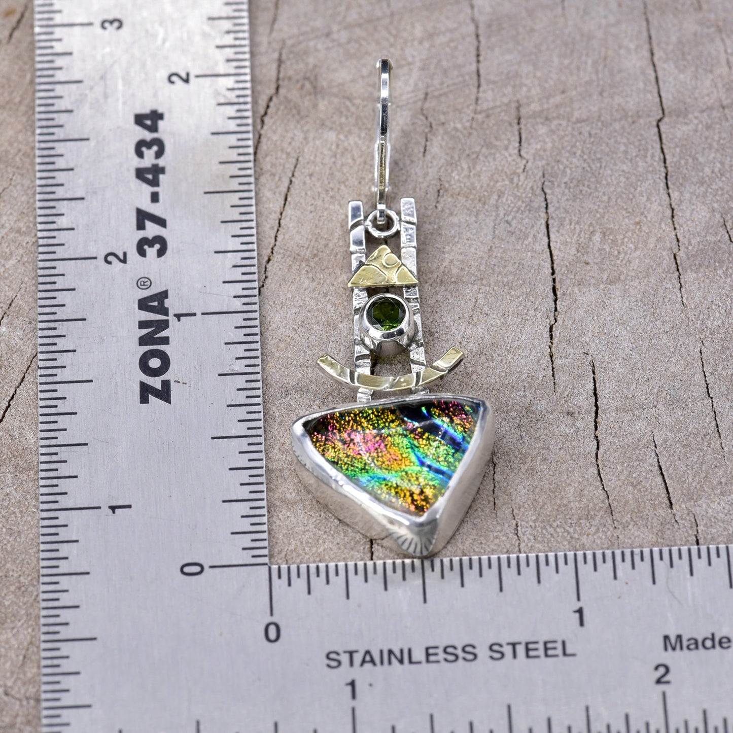 Artistic fused dichroic glass earrings in hand crafted settings of sterling silver accented with gold (E942)