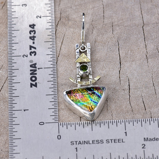 Artisan Rainbow Dichroic Glass Triangle Dangle Earrings | Hand-Stamped Sterling Silver | Emerald Green Cubic Zirconia & Gold Accents