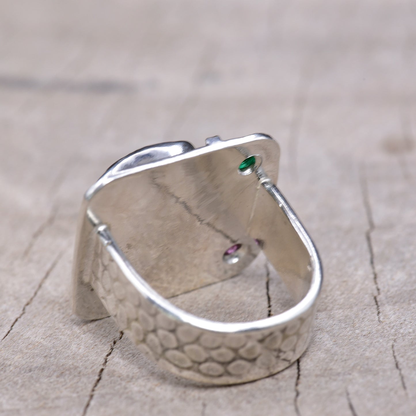 Artistic fused dichroic glass ring in a handcrafted setting of sterling silver accented with 14K gold (R943)