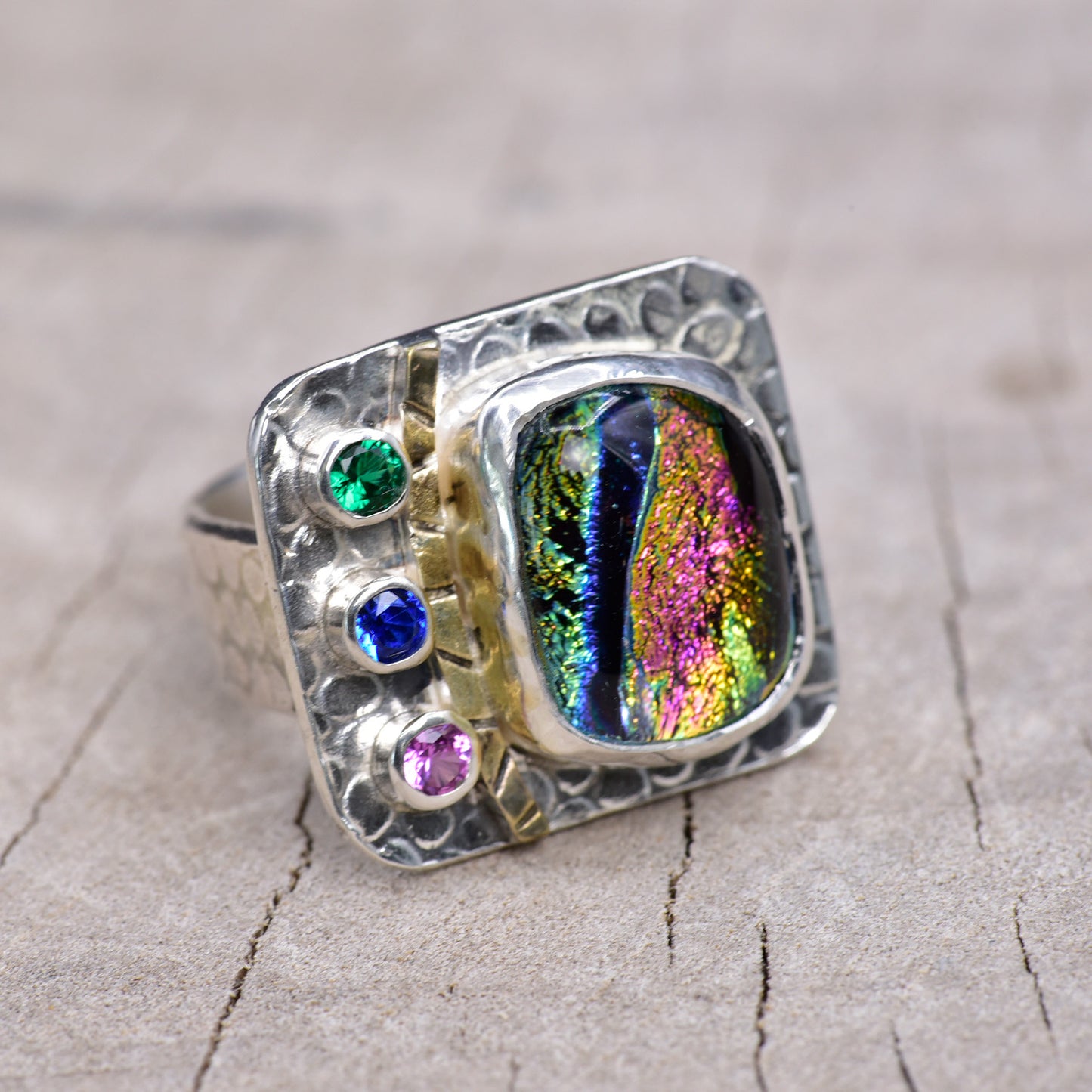 Artistic fused dichroic glass ring in a handcrafted setting of sterling silver accented with 14K gold (R943)