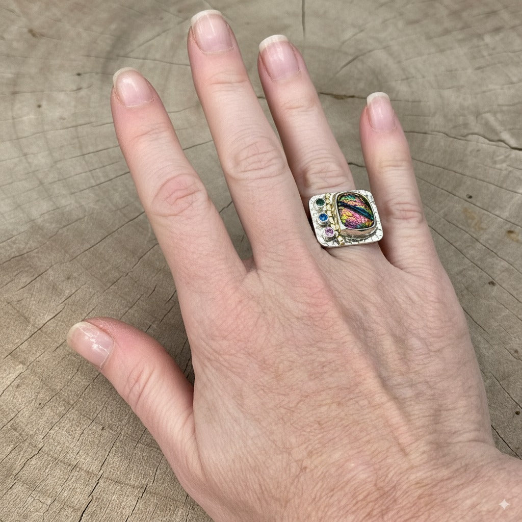 Artistic fused dichroic glass ring in a handcrafted setting of sterling silver accented with 14K gold (R943)