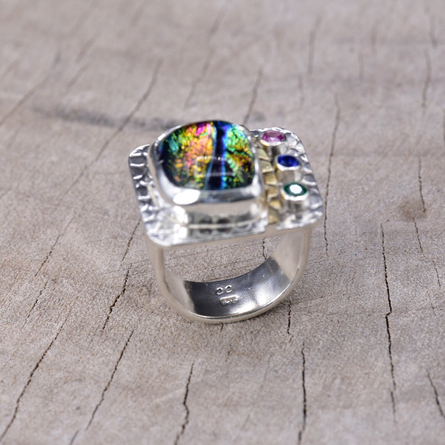 Artistic fused dichroic glass ring in a handcrafted setting of sterling silver accented with 14K gold (R943)