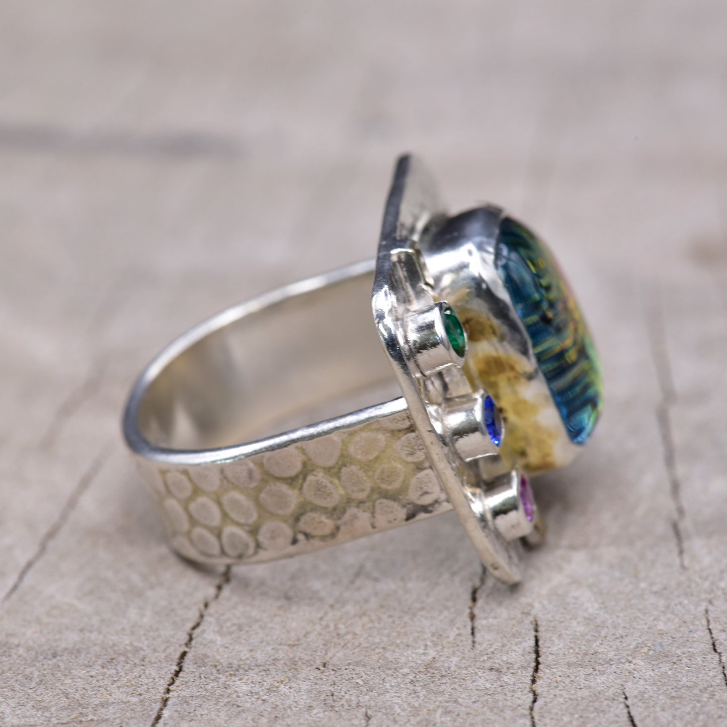 Artistic fused dichroic glass ring in a handcrafted setting of sterling silver accented with 14K gold (R943)