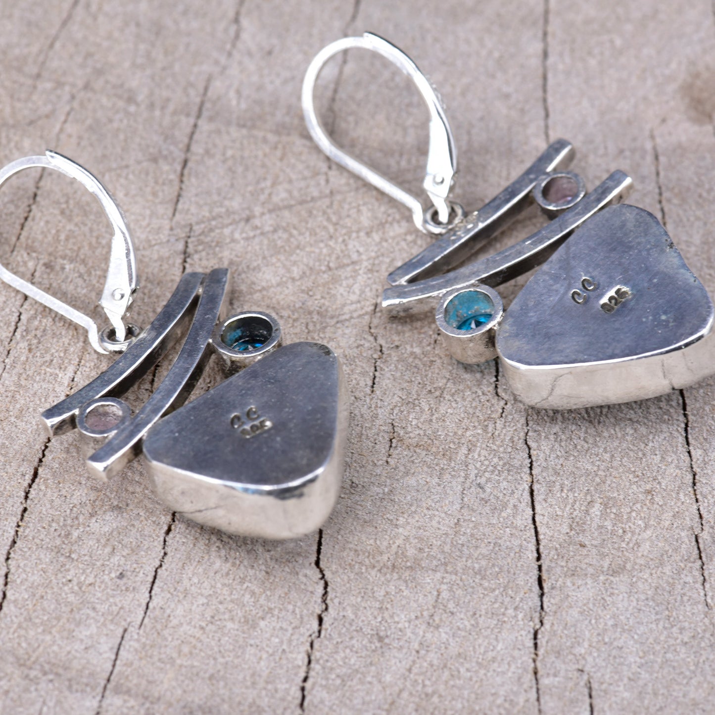 Artistic fused dichroic glass earrings in hand crafted settings of sterling silver (E944)