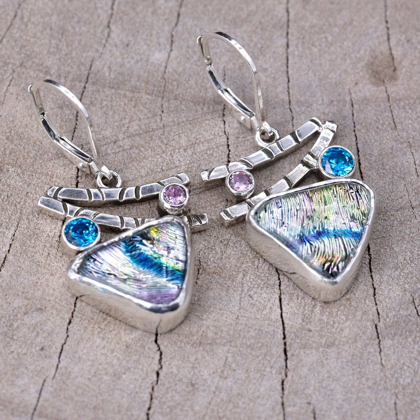 Artistic fused dichroic glass earrings in hand crafted settings of sterling silver (E944)