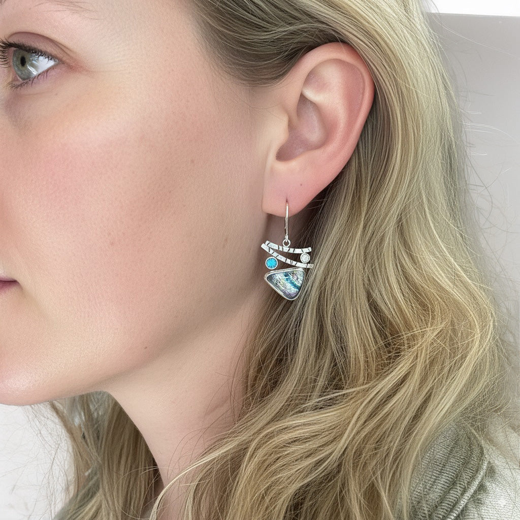 Artistic fused dichroic glass earrings in hand crafted settings of sterling silver (E944)