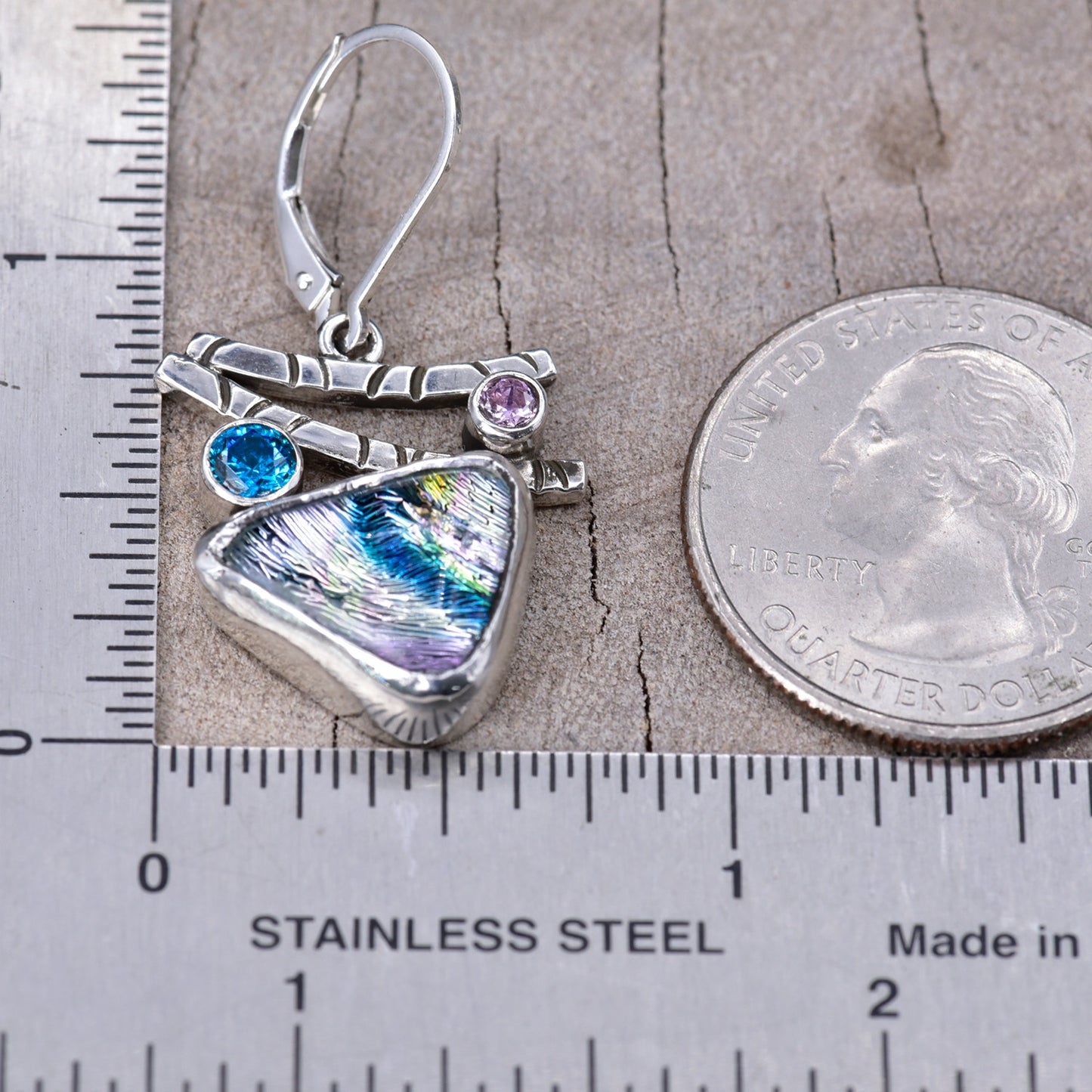 Artistic fused dichroic glass earrings in hand crafted settings of sterling silver (E944)