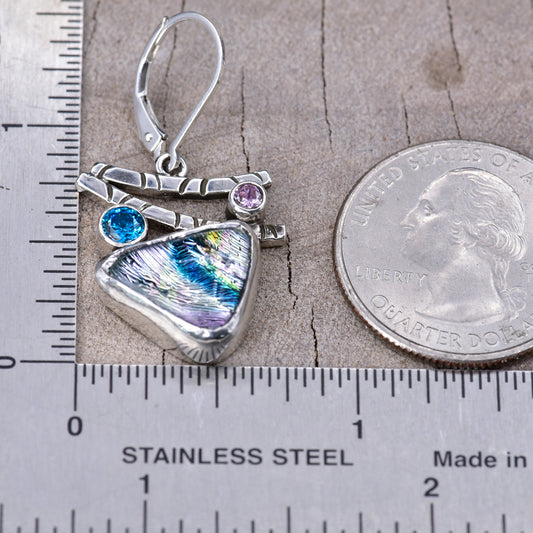 Artistic fused dichroic glass earrings in hand crafted settings of sterling silver (E944)