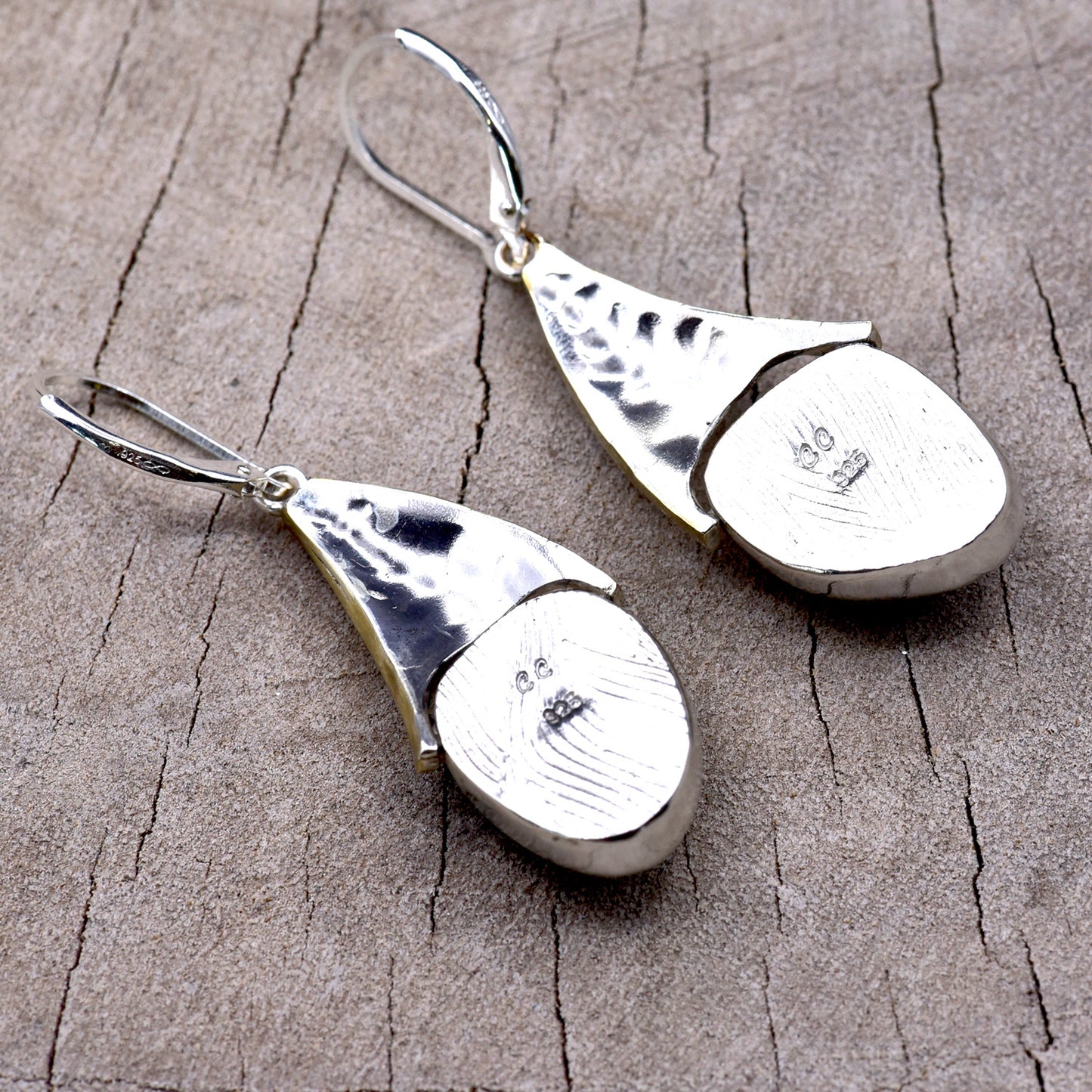 Fused dichroic glass earrings in handmade settings of sterling silver accented with gold E945)